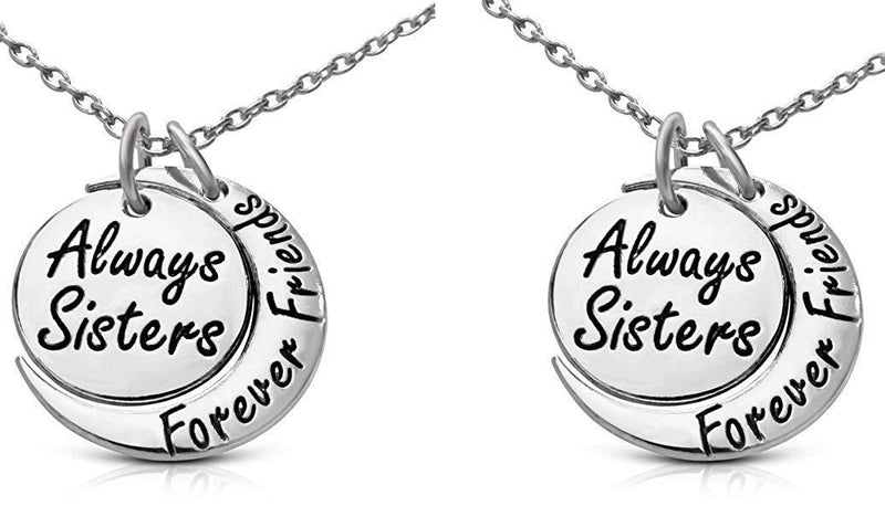[Australia] - Set of 2 ''Always Sisters Forever Friends'' Moon Pendant Necklaces - Jewelry Gifts for Big & Little Sisters, Best Friends - Sister Necklaces for 2 Silver Tone 