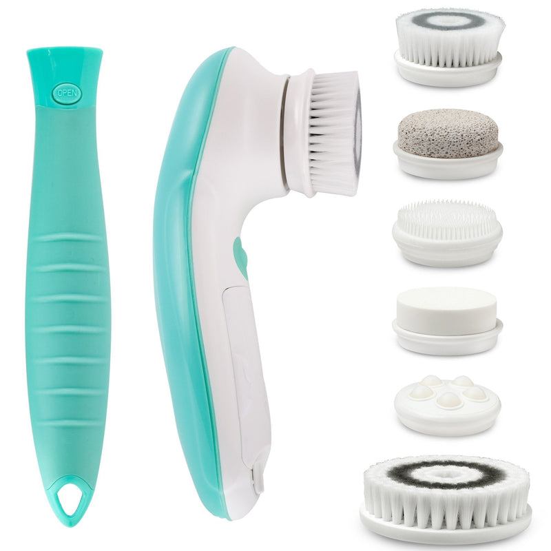 [Australia] - Fancii 7 in 1 Waterproof Electric Facial & Body Cleansing Brush Exfoliating Kit with Handle and 6 Brush Heads - Best Advanced Spin Brush Microdermabrasion Scrub System for Face White, Green 