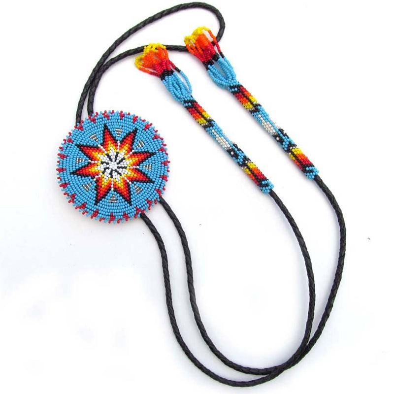 [Australia] - VivaApparel Handmade Beaded Indian Fashion Jewelry Turquoise Blue Beaded BoloTie 3 Inch Star Bead Work Non Native Original 