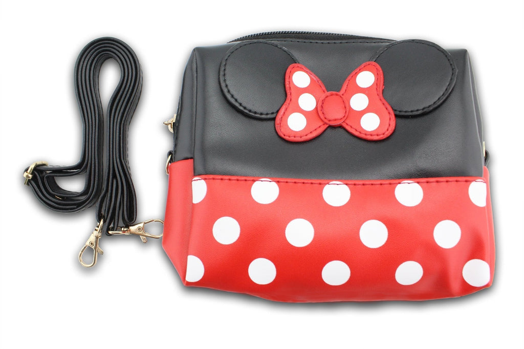 [Australia] - Finex Minnie Mouse Bow Ears Polka dots Cosmetic bag Handbag w/Detachable Strap - Multifunction Zippered Travel Makeup Purse (Rectangular, Red/Black) Black (2-in-1) 