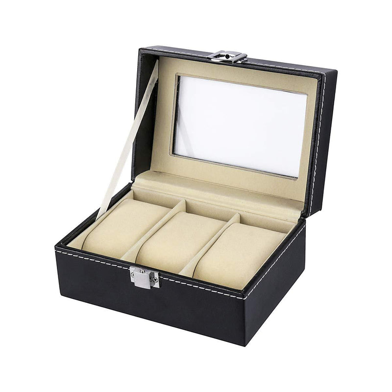 [Australia] - HOUSWEETY Watch Box Small 3 Slot Mens Black Leather Display Glass Top Jewelry Case Organizer Watch Storage Case Jewelry Box 3 Lattice 