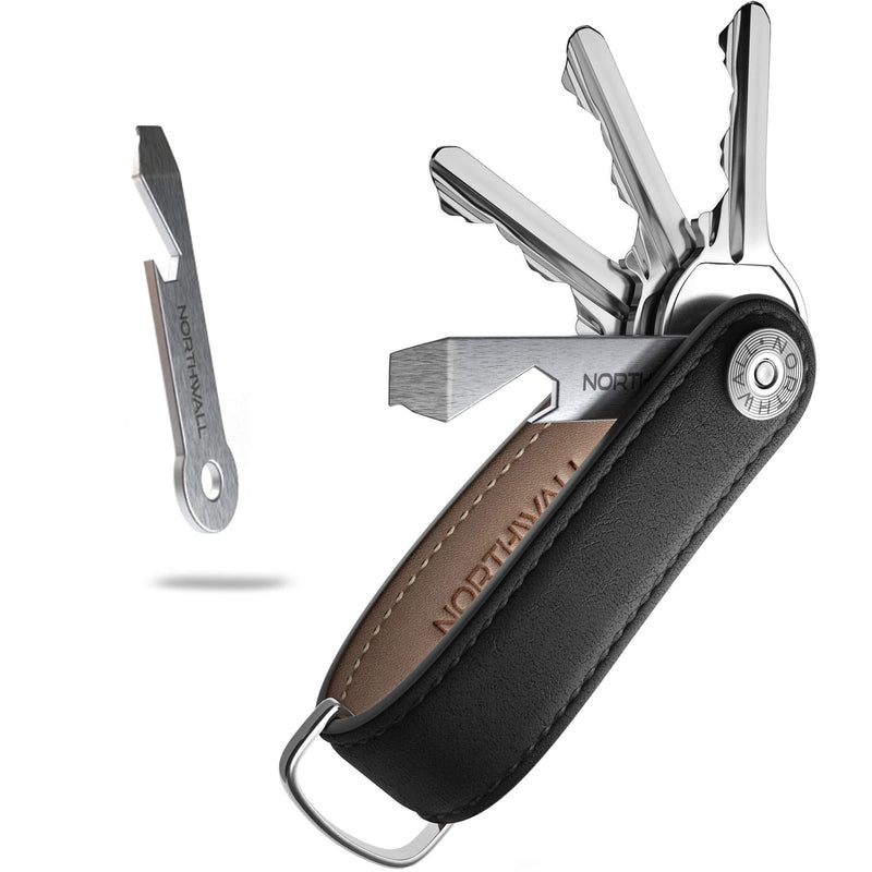 [Australia] - Smart Key Organizer Keychain, 100% Real Leather Compact Key Holder, Secure Locking Mechanism, Pocket Key Chain up to 7 Keys, Edc Stainless Steel Multi-tool (Black) Black 