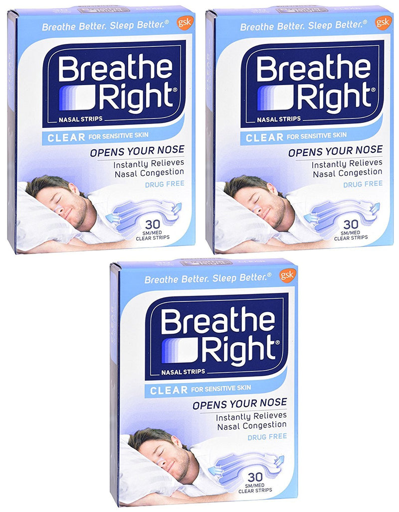 [Australia] - Breathe Right Nasal Strips - Clear - For Sensitive Skin - Sm / Med Clear Strips - 30 Count Strips Per Box - Pack of 3 