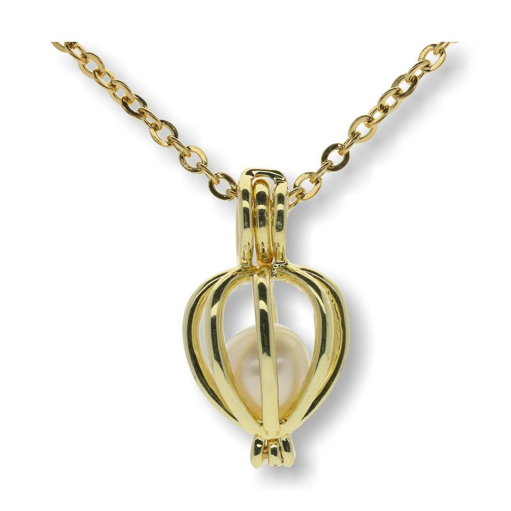 [Australia] - Pearlina Cultured Wish Pearl in Oyster Necklace Set Gold Plated Cage Locket w/ Stainless Steel Chain 18" 