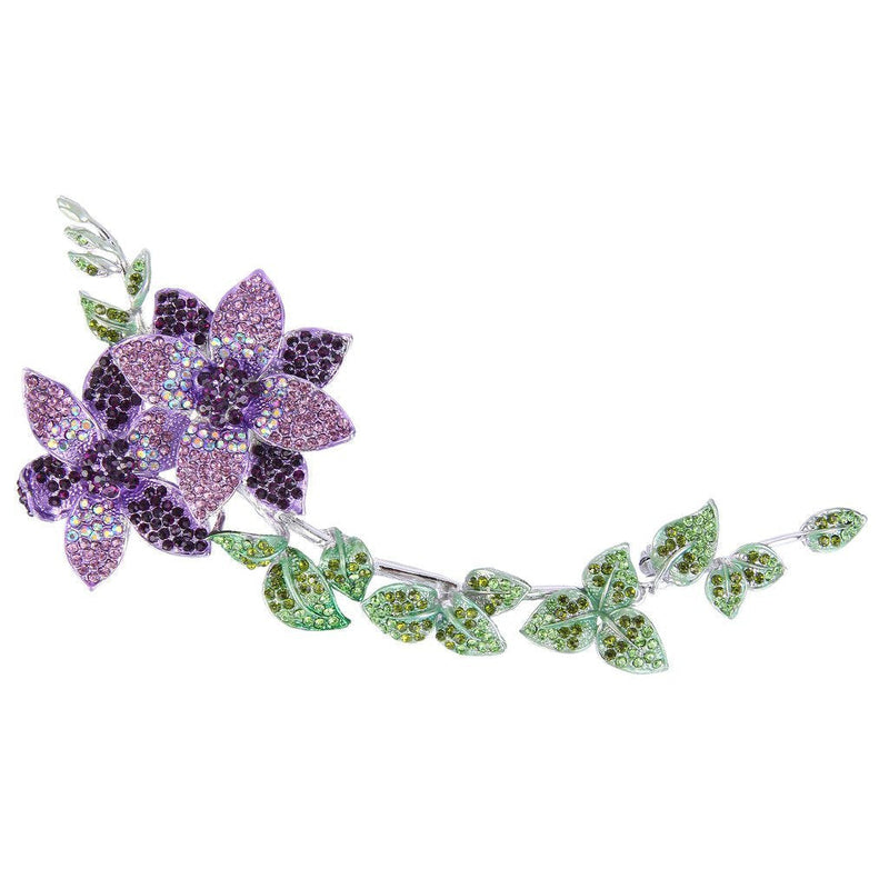 [Australia] - EVER FAITH Women's Austrian Crystal 9 Inch Elegant Flowers Leaf Long Plant Brooch Silver-Tone Purple w/ Green 