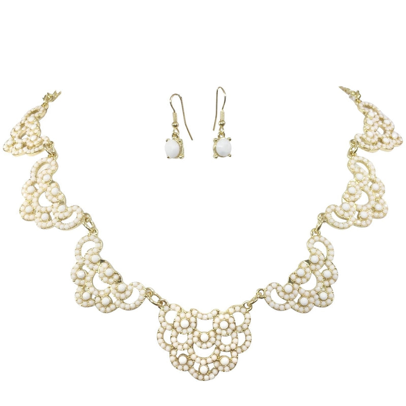 [Australia] - Gypsy Jewels Sweet Lace Look Dot Bubble Gold Tone Boutique Statement Necklace Earrings Set - Assorted Colors White 