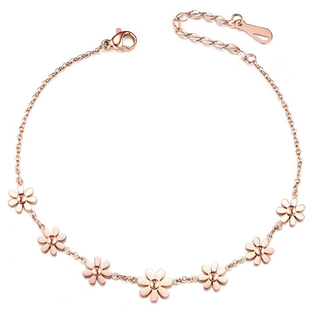 [Australia] - SHEGRACE Woman Stainless Steel Daisy Flowers Anklet Rose Gold Adjustable 200mm Jewellery Gift 