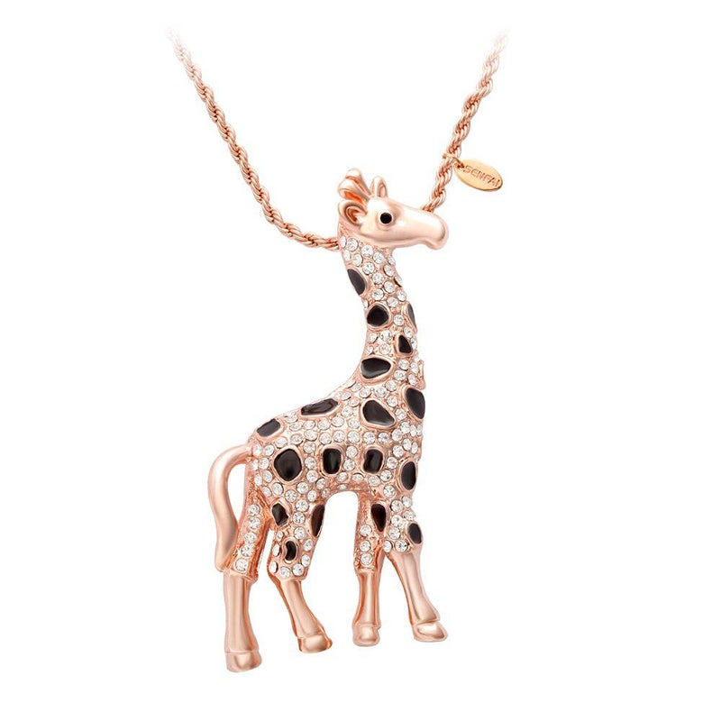 [Australia] - SENFAI Giraffe Deer Pretty Black Enamel Crystal Sweater Pendant Necklace Three Color Rose Gold 