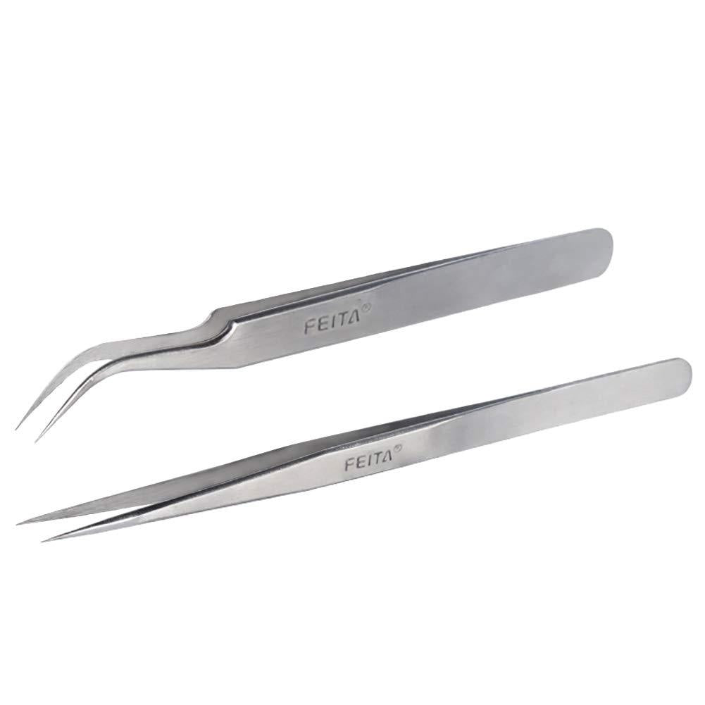 [Australia] - Best Eyelash Extension Tweezer Set - FEITA Pro Straight & Curved Pointy Precision Fine Tip Tweezers for Lash Extensions - Silver - 2Pcs 