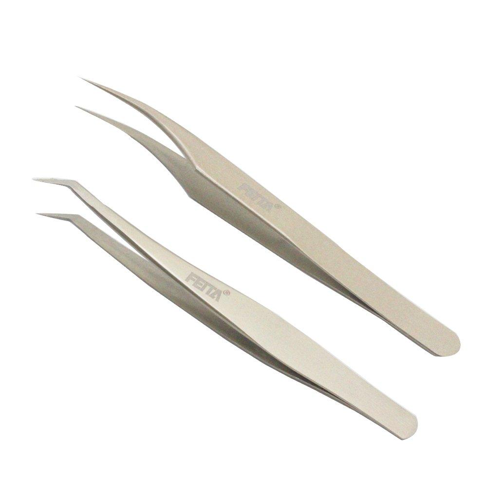 [Australia] - Volume Eyelash Extension Tweezers - FEITA Professional Stainless Steel Angled curved Pointy Precision Tweezer Set for Single Lash, 3D-6D Volume Lashes, Hair Removal (2 Pcs) 