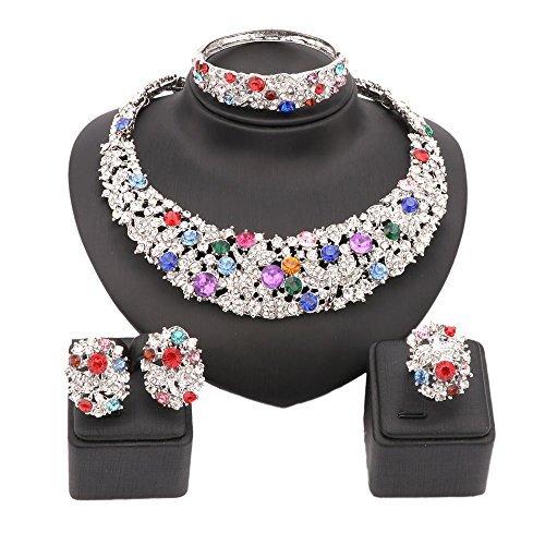 [Australia] - 18K Gold Plated Shinning Colorful Rhinestone Crystal Necklace Earrings Bangle Ring Jewelry Sets Silver 