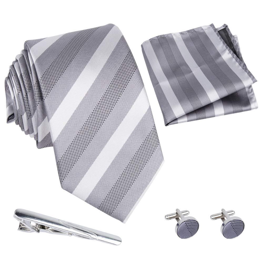 [Australia] - Newland Mens Handmade Polyester Silk Regular Width Necktie with Cufflinks Pocket Square and Tie Clip 3'' (8cm) Gray 