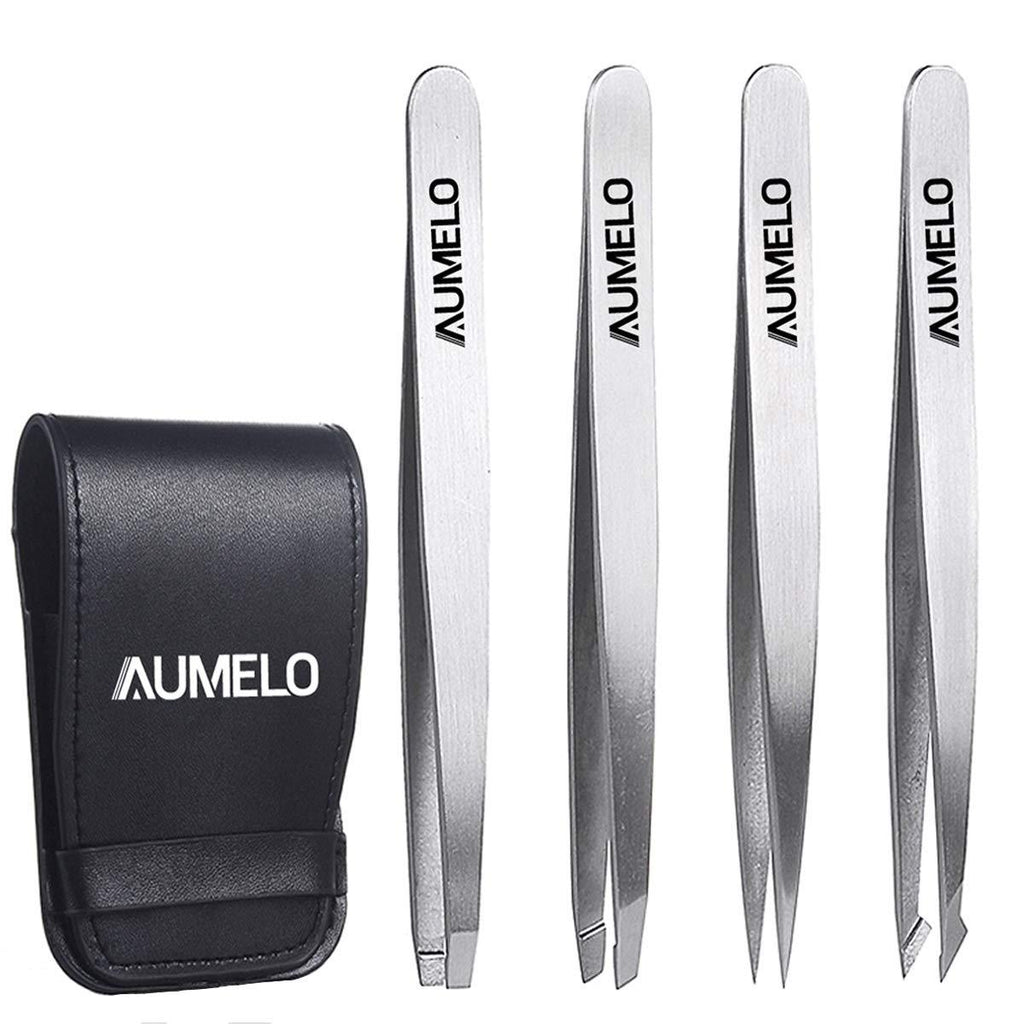 [Australia] - Tweezers Set 4-Piece - AUMELO Professional Stainless Steel Slant Tip and Pointed Eyebrow Tweezers - Great Precision for Eyebrow,Splinter,Ingrown Hair Removal Tweezer(Silver) Silver 