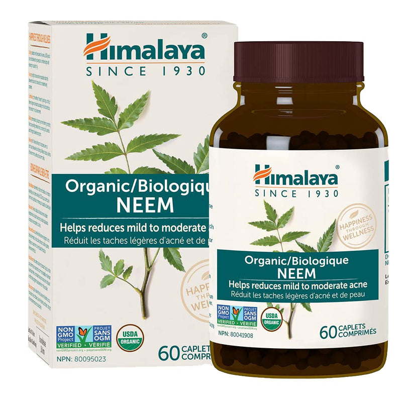 [Australia] - Himalaya Organic Neem, Mild Acne Relief for Clear, Smooth & Radiant Looking Skin, 600 mg, 60 Caplets, 2 Month Supply 