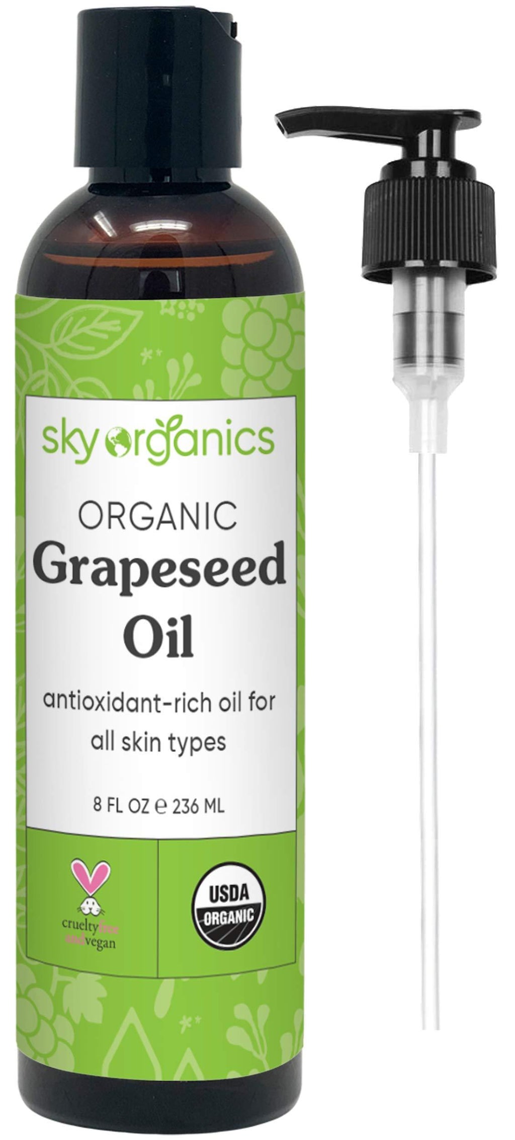 [Australia] - Grapeseed Oil by Sky Organics (8oz) 100% Pure, Natural & Cold-Pressed Grapeseed Oil - Ideal for Massage, Cooking and Aromatherapy- Rich in Vitamin A, E and K- Helps Reduce Wrinkles 1 Pack of 8 Ounce 