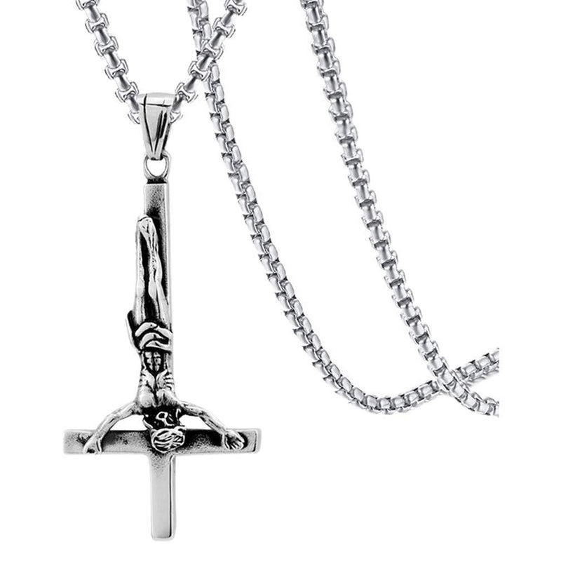 [Australia] - Xusamss Punk Titanium Steel Inverted Cross Pendant Skull Necklace,24inches Chain White 