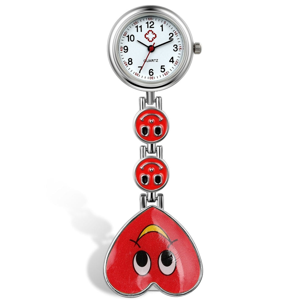 [Australia] - Lancardo Candy Color Smile Heart Face Nurse Clip Watch Medical Lapel Pocket Clasp Watch(7 Colors) red 
