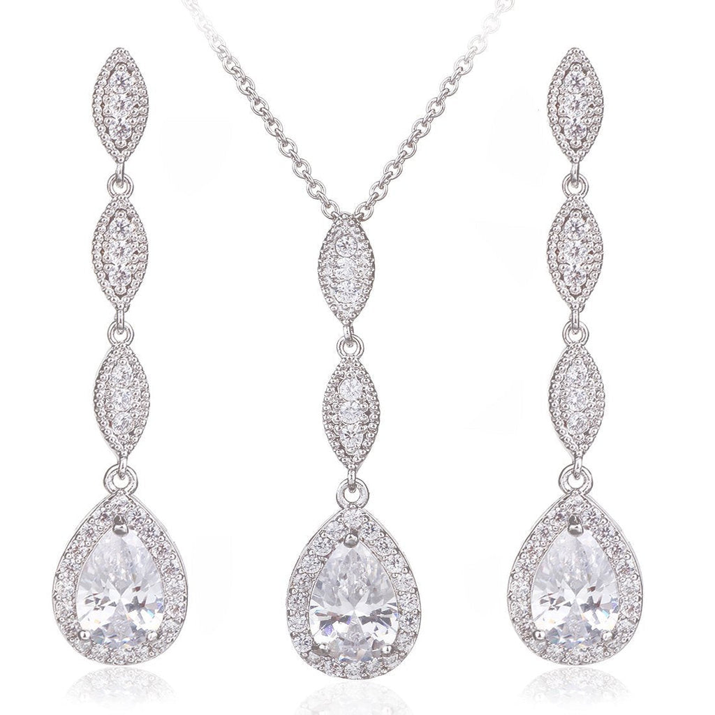 [Australia] - Wordless Love Teardrop Pear Shape CZ Necklace Pierced Earrings Women Wedding Jewelry Sets 