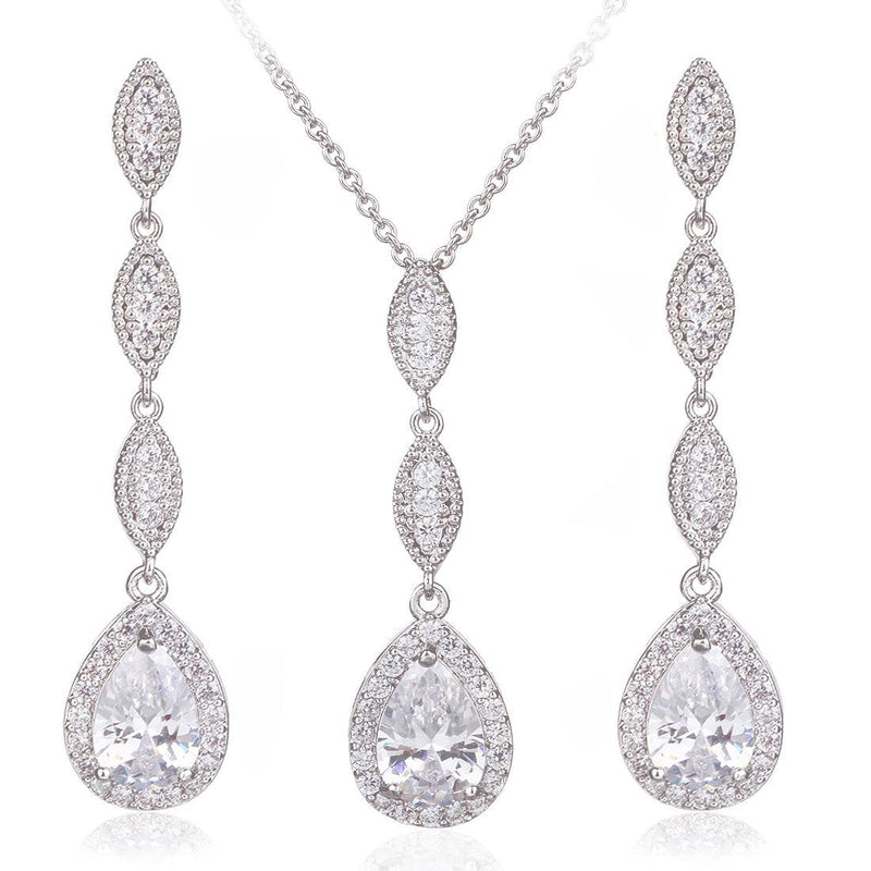 [Australia] - Wordless Love Teardrop Pear Shape CZ Necklace Pierced Earrings Women Wedding Jewelry Sets 