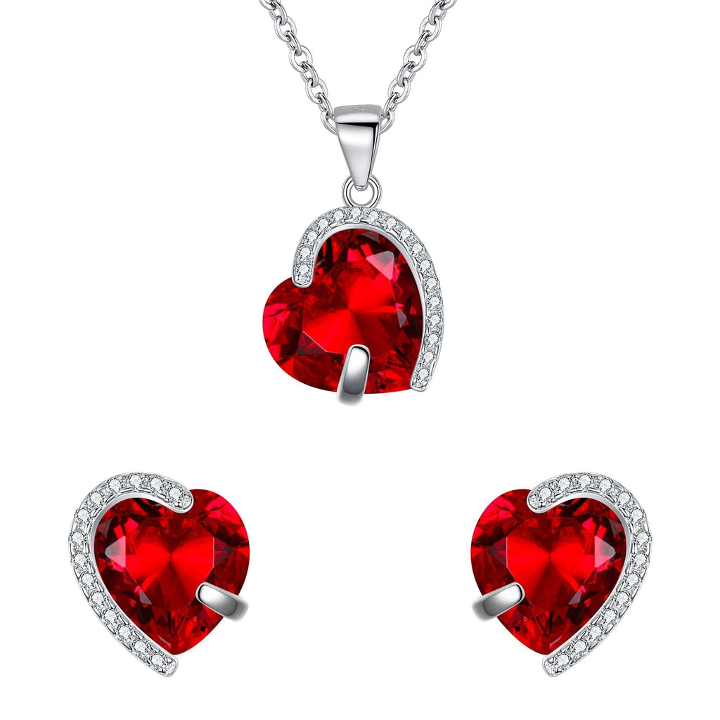 [Australia] - EleQueen 925 Sterling Silver Full Cubic Zirconia Eternal Love Heart Bridal Pendant Necklace Stud Earrings Set Ruby Color 