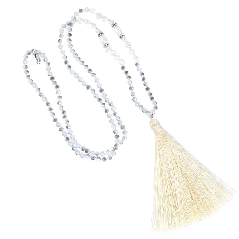 [Australia] - KELITCH Long Tassel Necklace Handmade Shell Pearl Crystal Beads Necklace for Women White Beige 