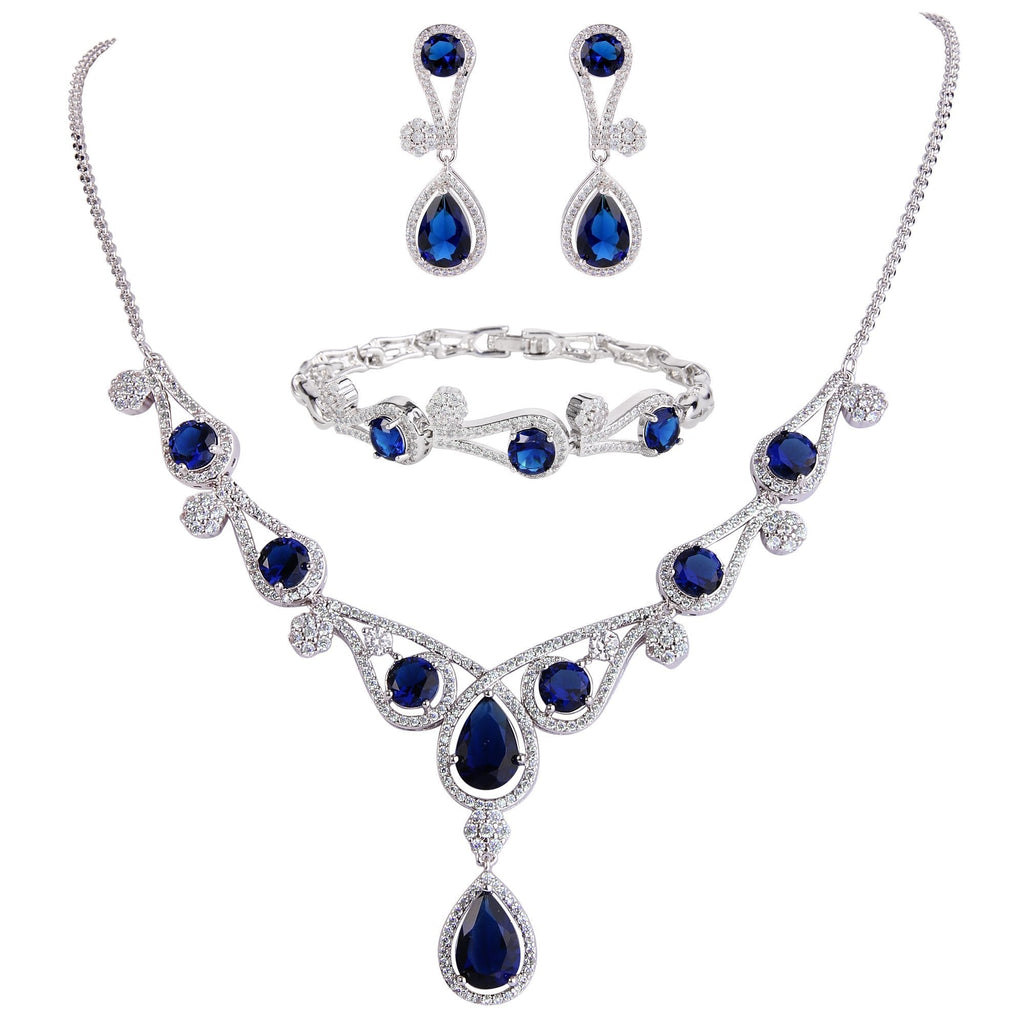 [Australia] - EVER FAITH Women's CZ Lots Hollow-Out Teardrop Necklace Earrings Bracelet Set Silver-Tone Blue 