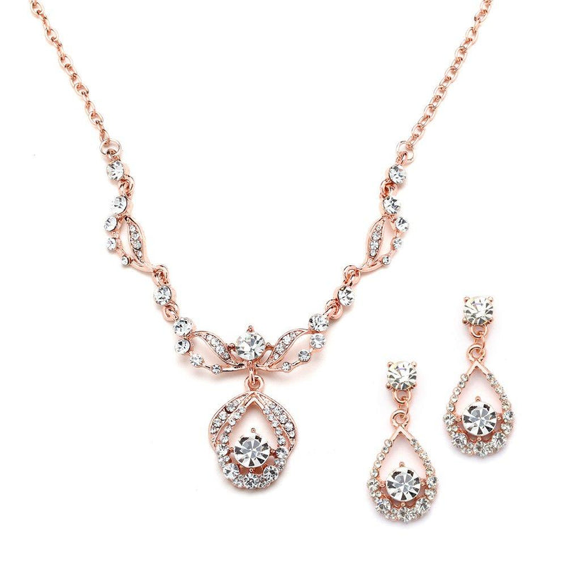 [Australia] - Mariell 14K Rose Gold Vintage Crystal Necklace and Earrings Jewelry Set for Prom, Bridal and Bridesmaids 