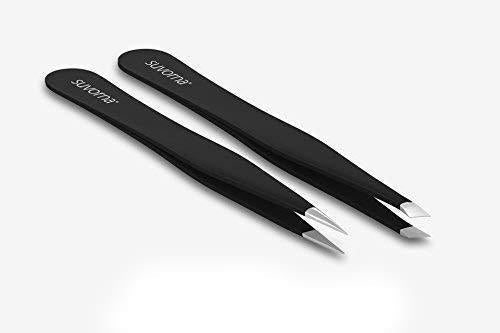 [Australia] - Suvorna 4" Precision Aligned Professional Tweezers Color Sets with Premium Stainless Steel. One Sharp Pointed Pair and One Slant Tip Pair for Eyebrow Shaping. Great for Ingrown Hair (Black) Black 