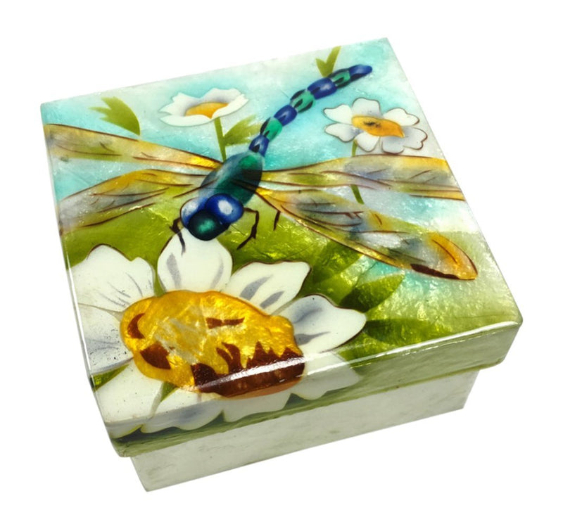 [Australia] - Kubla Craft Blue Dragonfly and Flowers Capiz Shell Keepsake Box, 3 Inches Square 