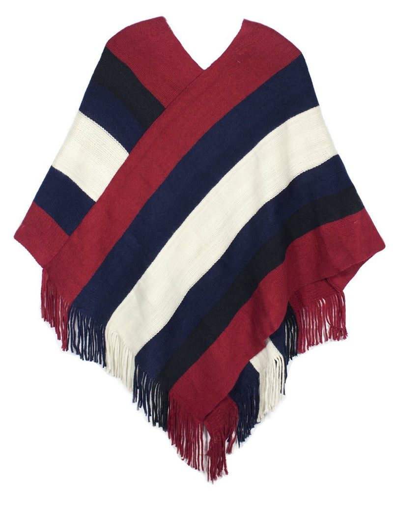 [Australia] - Dahlia Women's Knitted Poncho - V Neck Houndstooth Tassel Cape Stripe: Red 