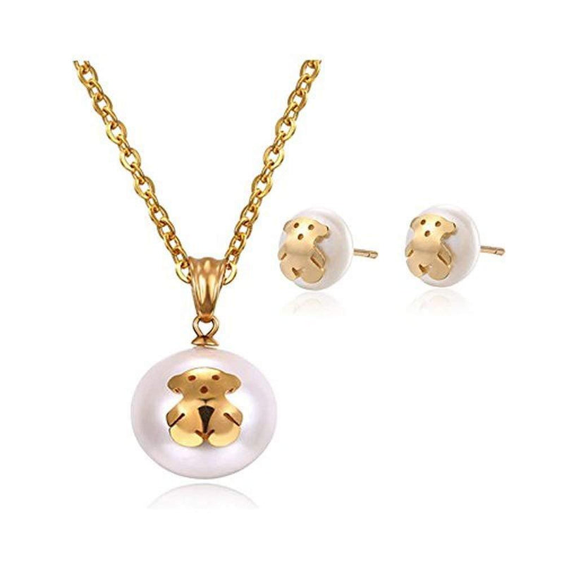 [Australia] - INBO 1 Set of Cream Pearl Bear Necklace Pendant and Stud Earrings with Stainless Steel Necklace Chain (Gold) 