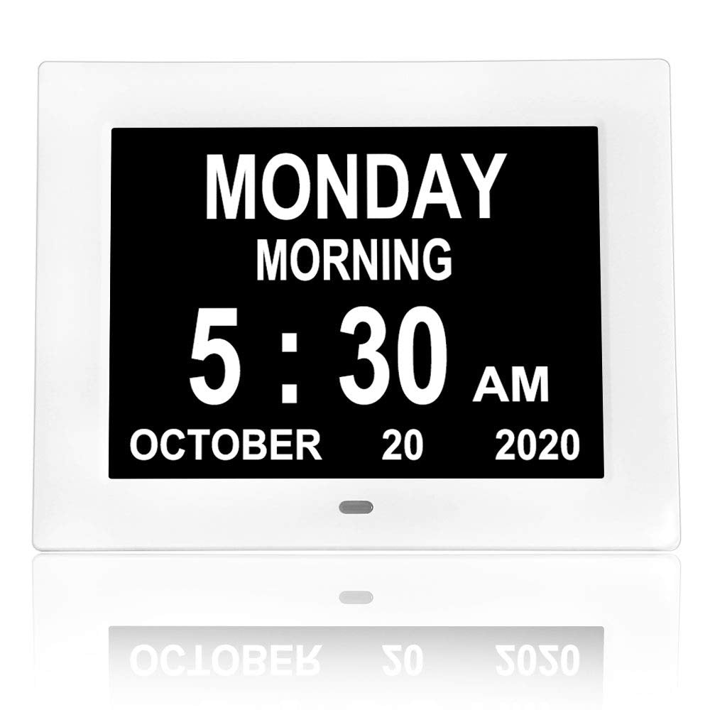[Australia] - Johnziny 【2022 Newest Version】 Digital Day Calendar Clock- 8 Alarms,Dementia Clocks Display Non-Abbreviated Date Day Time Month, Vision Impaired Clock for Seniors Memory Loss Alzheimer 8" White 