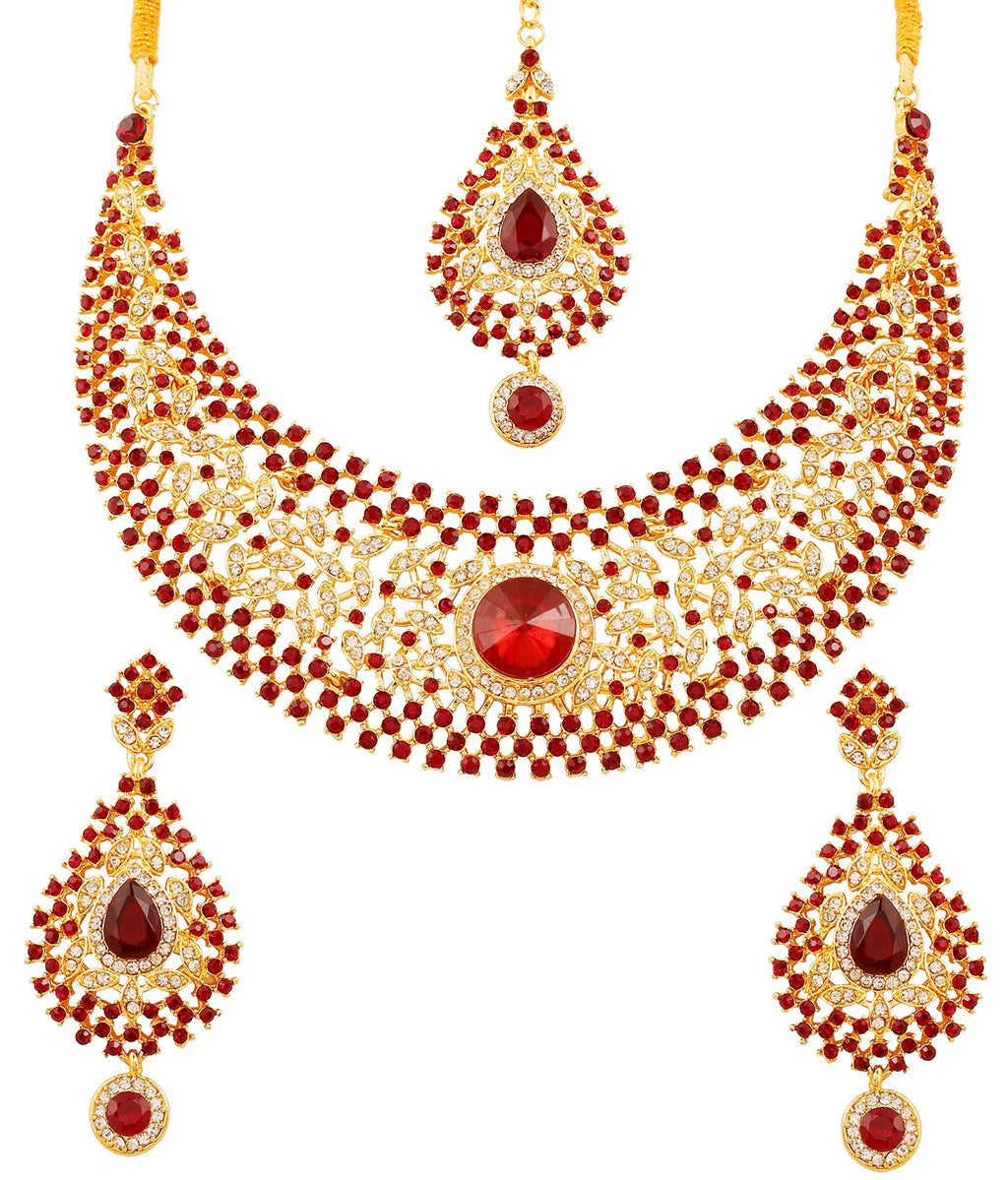 [Australia] - Touchstone Indian Bollywood Fascinating and Gorgeous White red Rhinestone and Rivoli Shape Candy red Faux Ruby Traditional Bridal Designer hasli Necklace Set for Women in Gold Tone 