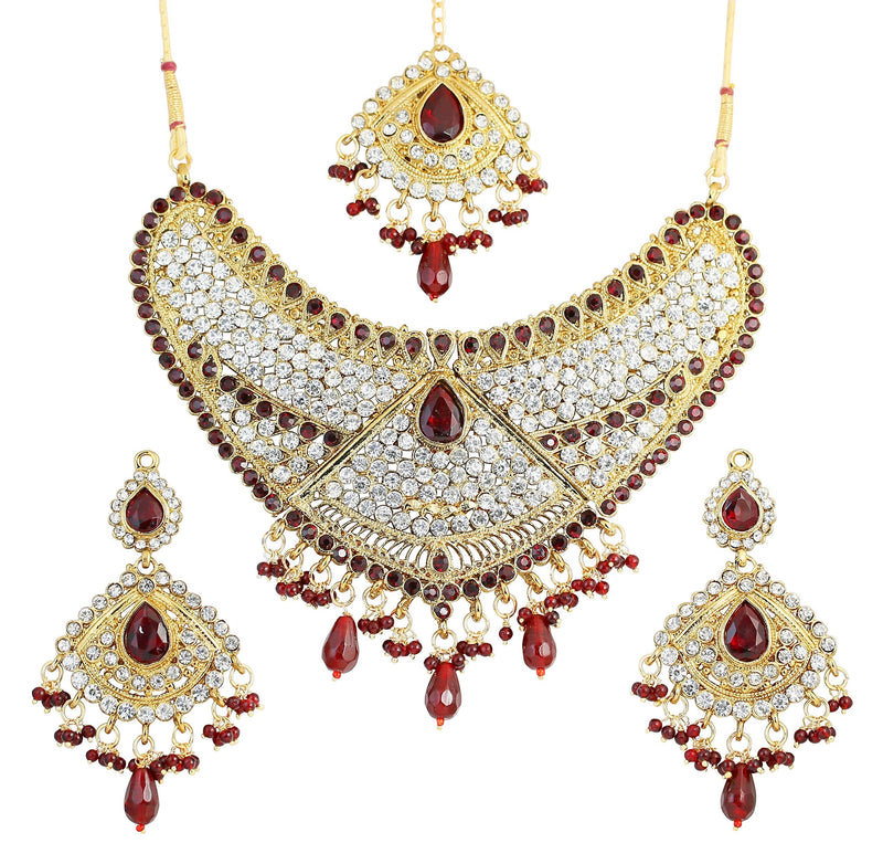 [Australia] - Touchstone Indian Bollywood Faux Ruby-Rhinestones Bridal Jewelry Necklace Set in Antique Gold Tone 