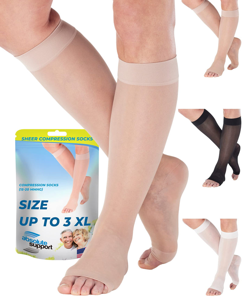 [Australia] - Absolute Support - Made in USA - Size Large - Sheer Compression Socks for Women Circulation 15-20 mmHg with Open Toe - Lightweight Long Compression Knee High Support Stockings for Ladies - Nude 