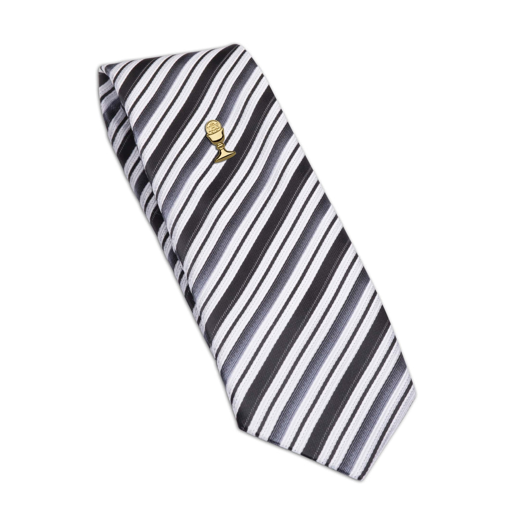 [Australia] - Boys First Communion Tie and Chalice Tie Pin in Gold-Tone, 45-inch Black Stripe Tie 