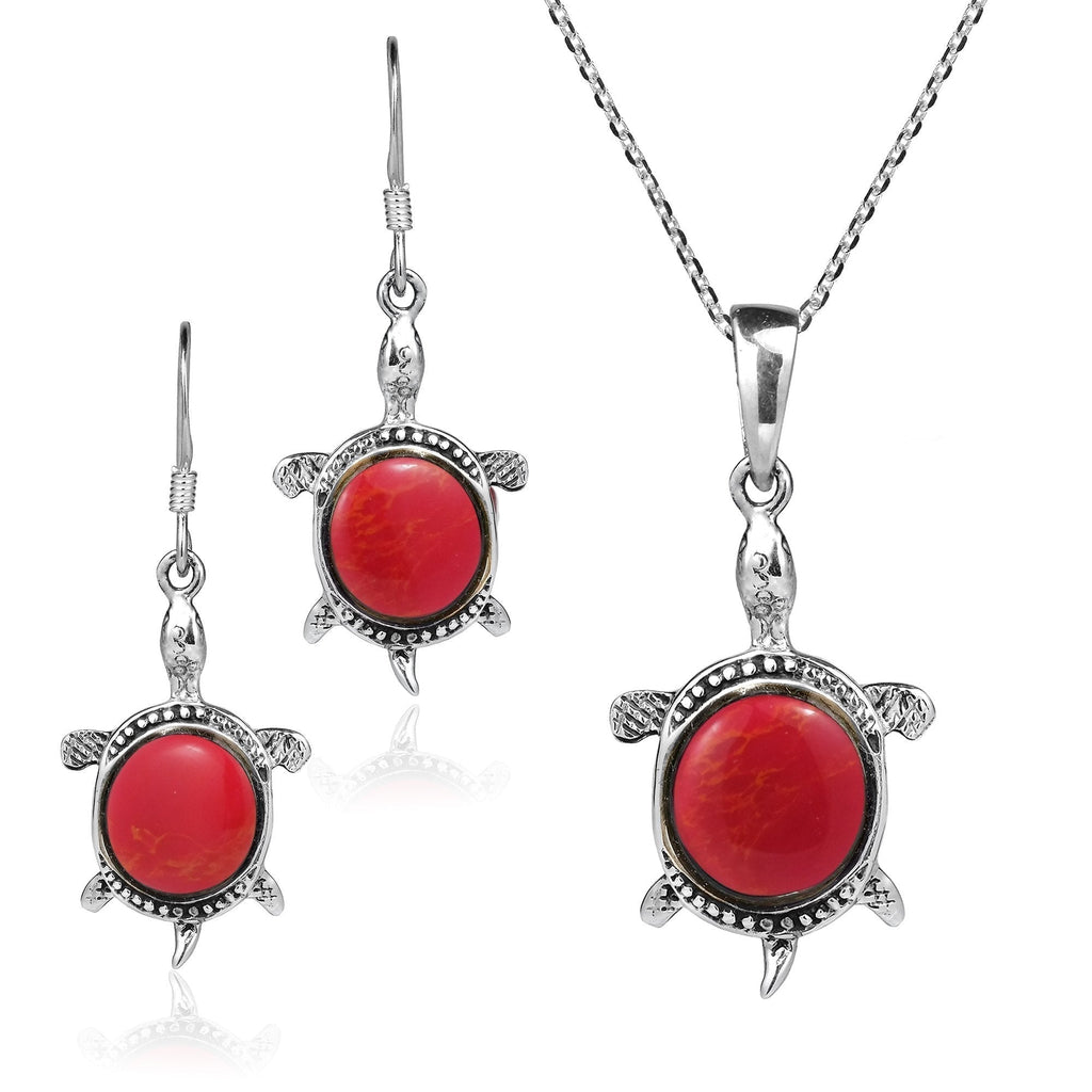 [Australia] - AeraVida Happy Turtles Reconstructed Red Coral .925 Sterling Silver Necklace Earrings Set 