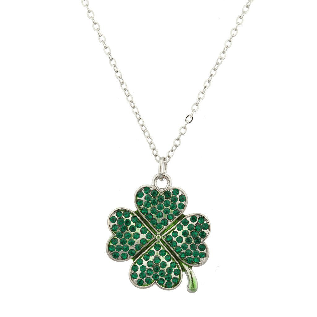 [Australia] - Lux Accessories Pave St. Patricks Day Four Leaf Clover Shamrock Charm Necklace Silver 