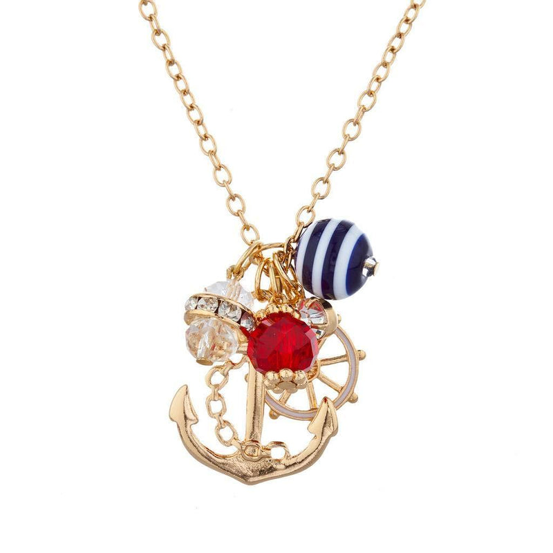 [Australia] - Lux Accessories Gold Tone Nautical Cluster Anchor Ship Wheel Charm Necklace 