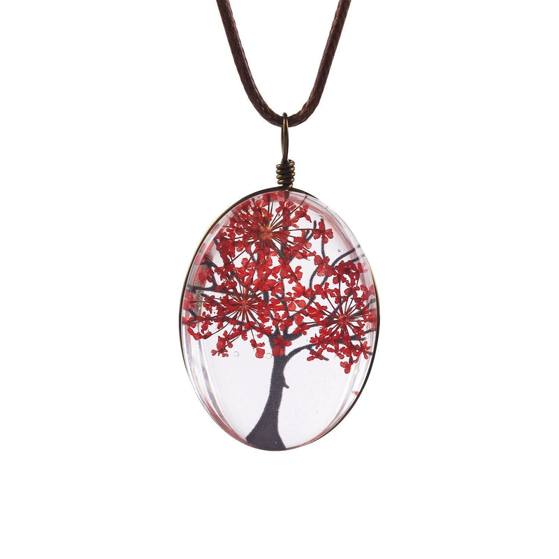 [Australia] - FM FM42 Life of Tree Multi Colors Queen Anne's Lace Dried Flowers Oval Pendant Necklace (4 Colors) Red 