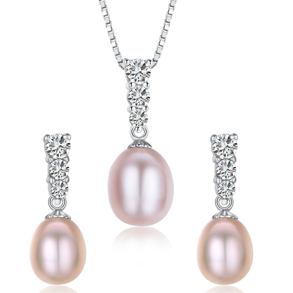 [Australia] - Water Drop Pearl Stud Earrings & Silver Chain Pendant Set| Good Quality Natural, Flawless Freshwater Pearl & 925 Sterling Silver| The Most Unique Fashion Jewelry Set (2 | Pink Pearls) 2 | Pink Pearls 