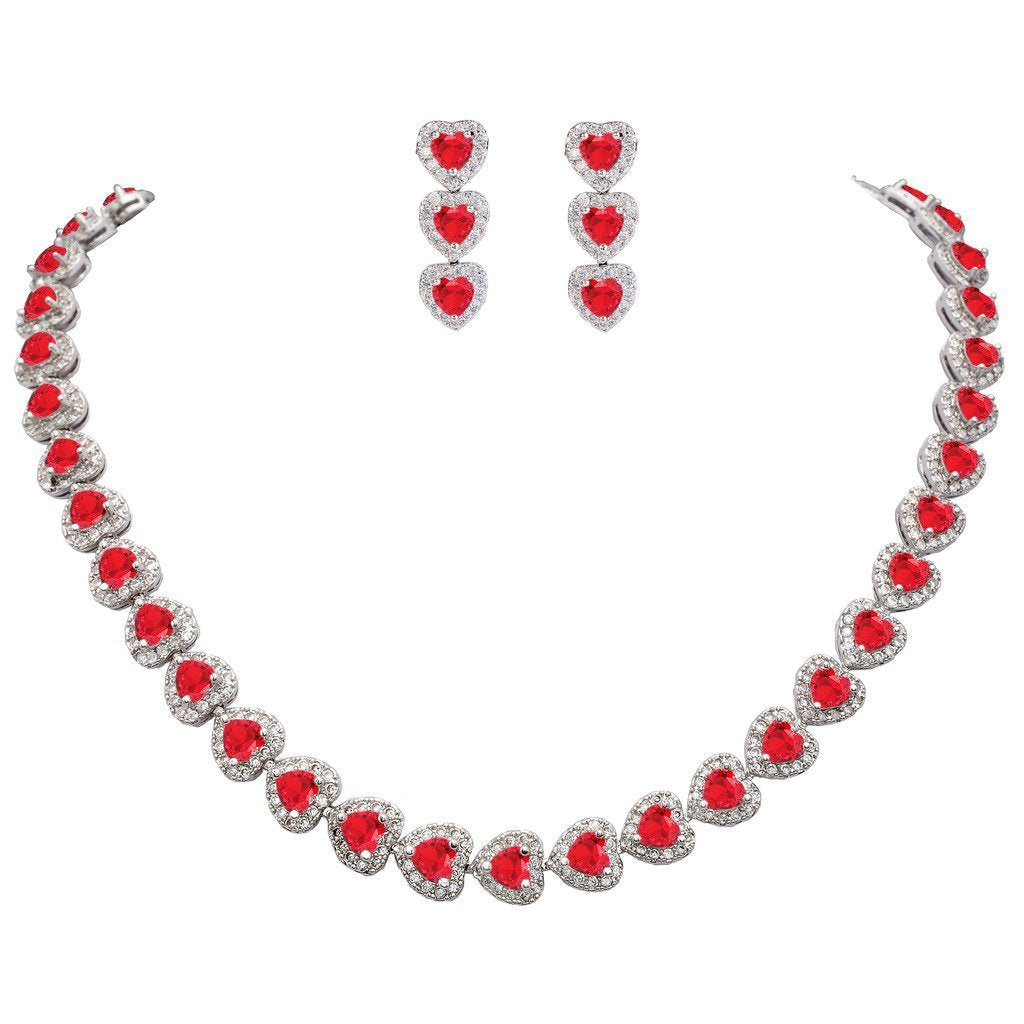 [Australia] - EVER FAITH Silver-Tone CZ Birthstone Sweet Love Heart Tennis Necklace Earrings Set Red 