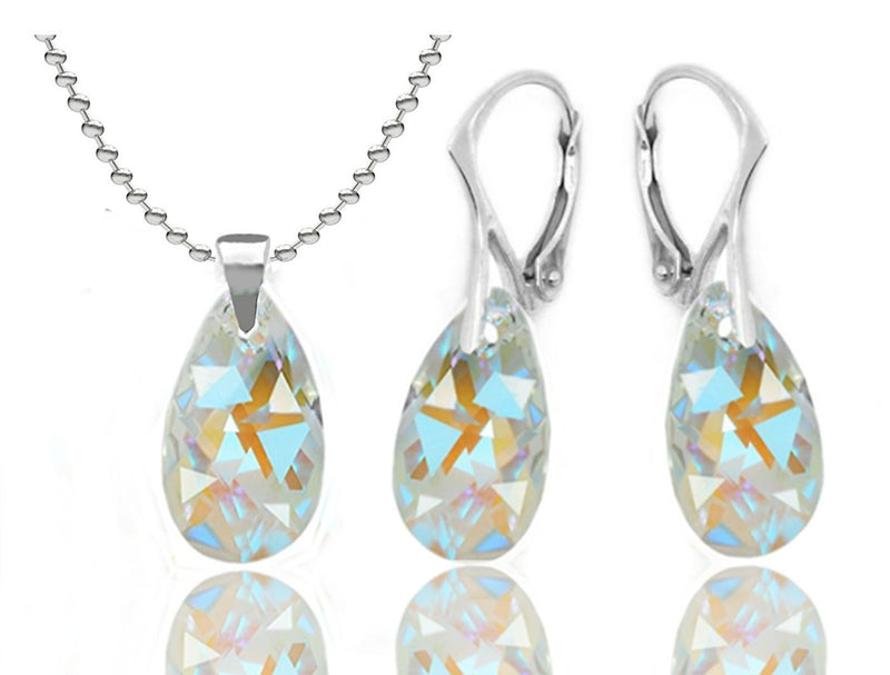 [Australia] - Sterling Silver 925 Blue Aurora Borealis AB Leverback Earrings Pendant Necklace Made with Swarovski Elements,18” 