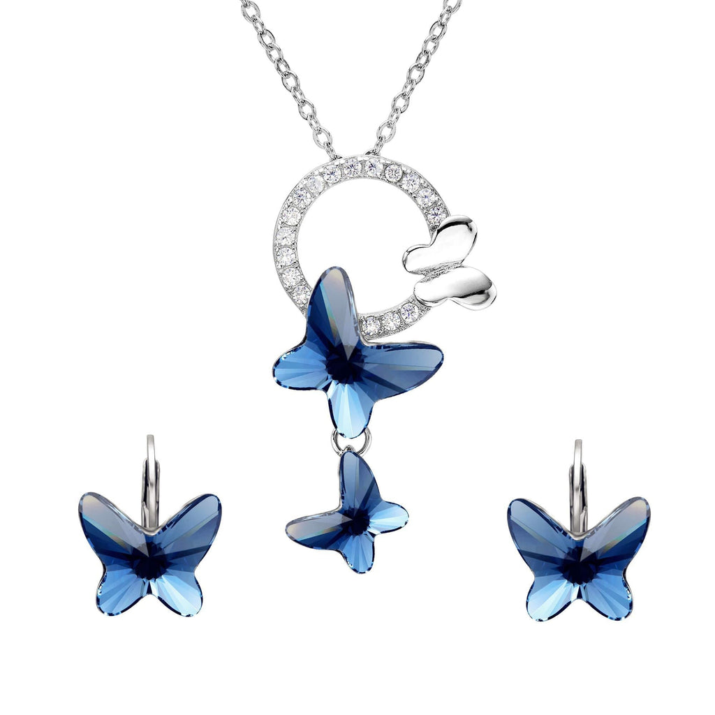[Australia] - EleQueen 925 Sterling Silver Butterfly Denim Blue Pendant Necklace Stud Earrings Jewelry Set Made with Crystals 