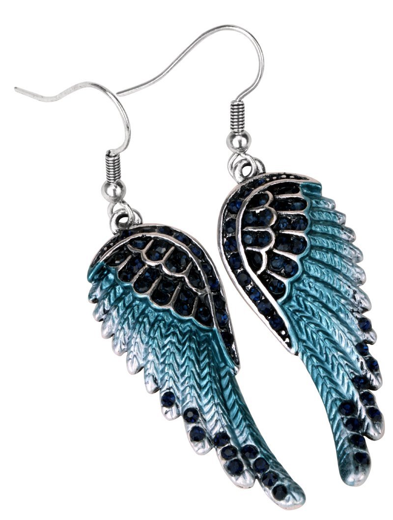 [Australia] - YACQ Women's Guardian Angel Wings Dangle Earrings - 2-1/5 Inch Long - Lead & Nickle Free - Women Girls Biker Crystal Jewelry Navy Blue 