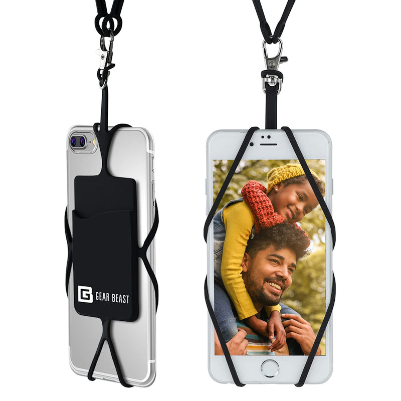 [Australia] - Gear Beast Cell Phone Lanyard - Universal Neck Phone Holder w/ Card Pocket and Silicone Neck Strap - Compatible with Most Smartphones, Black 