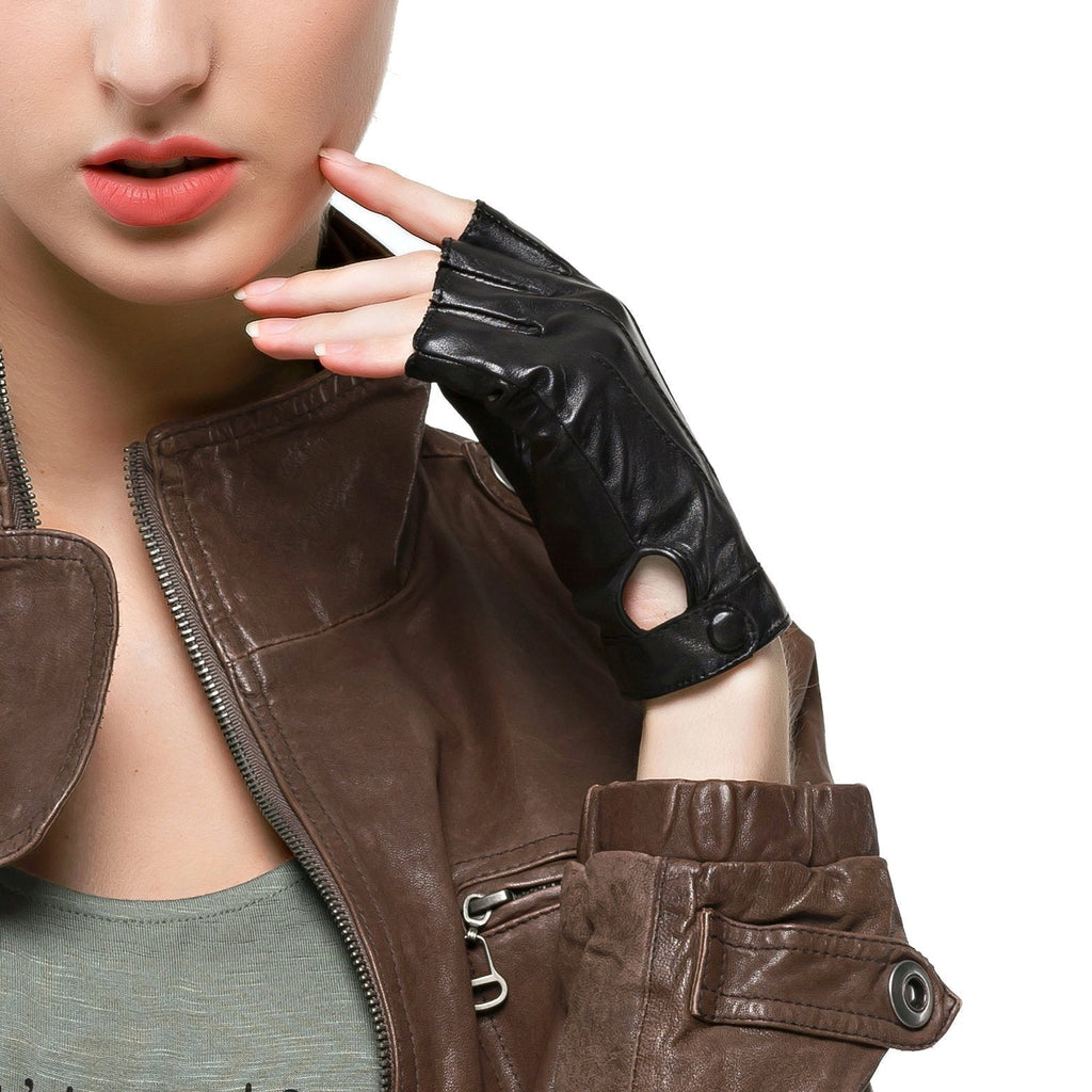 [Australia] - Women Driving Nappa Leather Gloves Half Finger Fingerless Lined Gloves for Nappaglo Black Small 