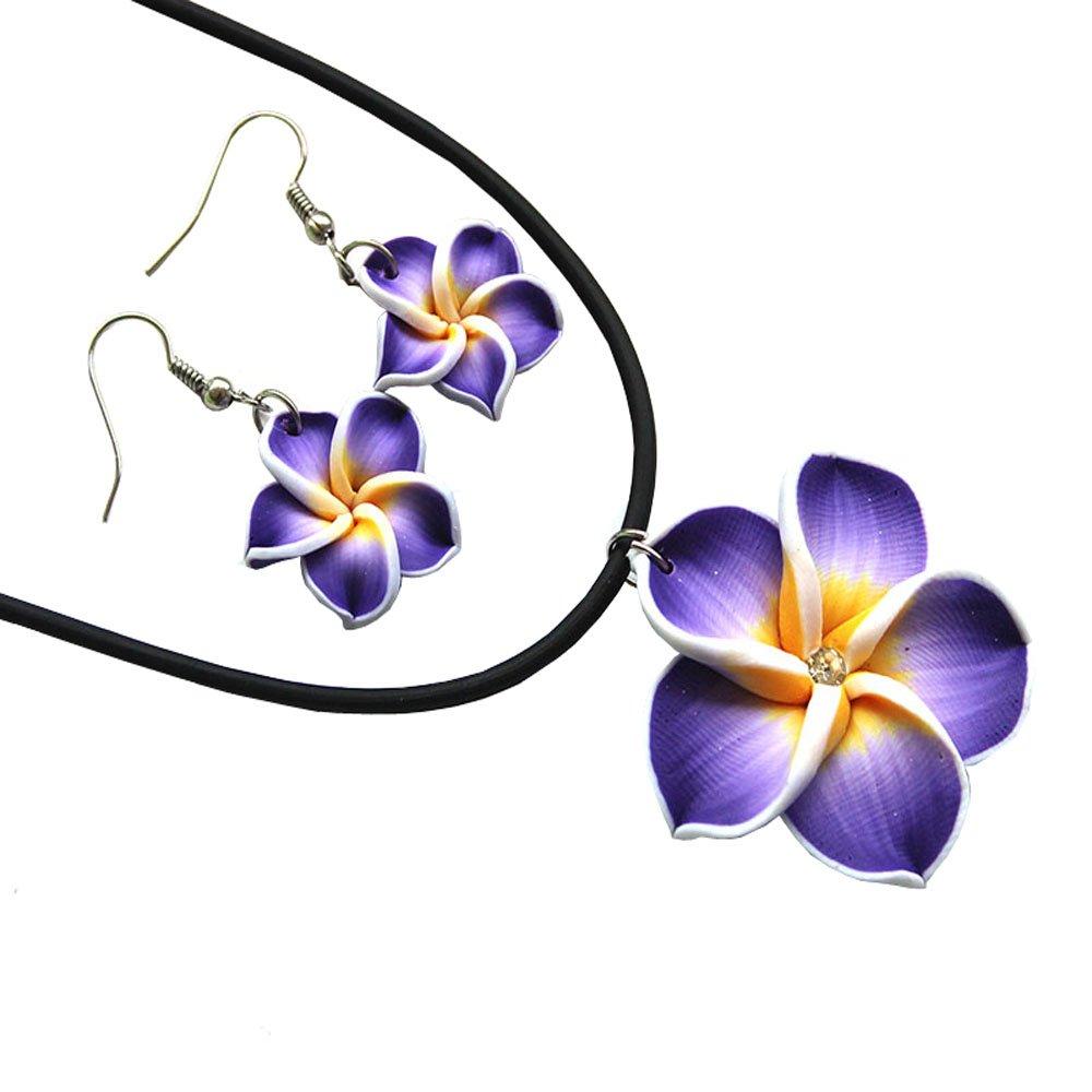 [Australia] - Donau Plumeria Hawaii Flower Polymer Clay Earrings Pendant Necklace Jewelry Sets 18Colors Purple 2 