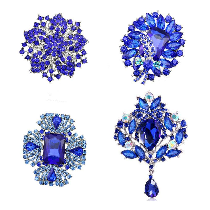 [Australia] - Ezing 4pcs Big Blue Crystal Silver Plated Brooch for Wedding Bouquet 