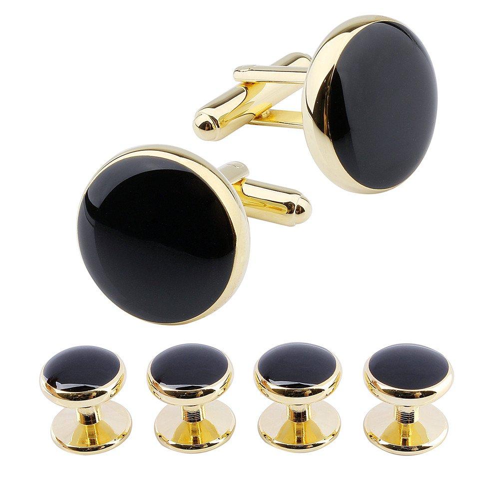 [Australia] - HAWSON Round Cufflinks and 4 Studs Set for Mens Tuxedo Shirt Business Wedding Accessories Black/Gold 